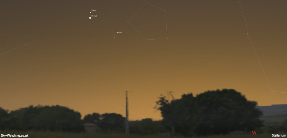 Planets Mars and Venus are visited by the waxing crescent Moon this evening, look low towards the West soon after sunset (click to enlarge) - Credit:Sky-Watching/Stellarium