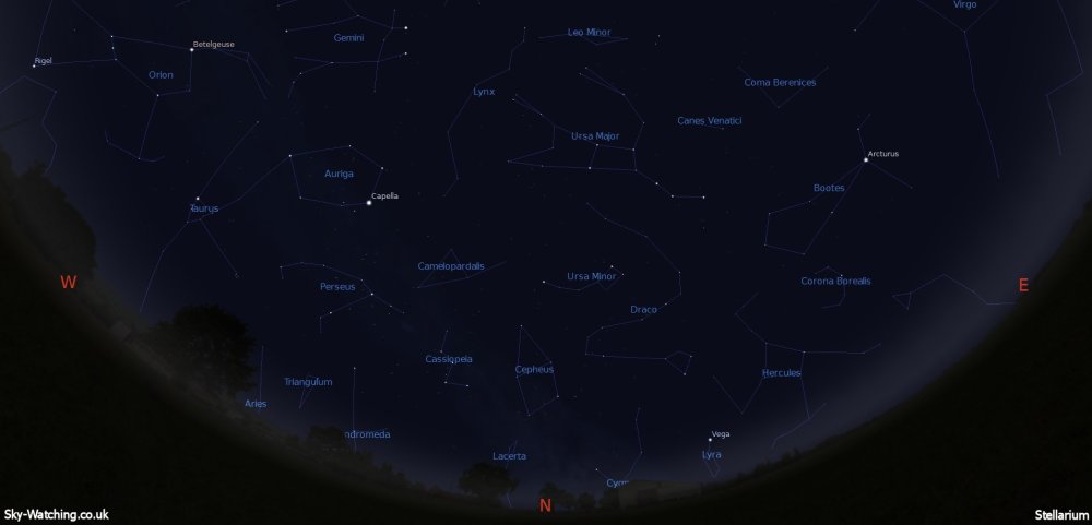 Displaying the night sky midway through the month, this image can help you identify the constellations you’ll see in the northern sky in February (click to enlarge) – Credit: Sky-Watching/Stellarium