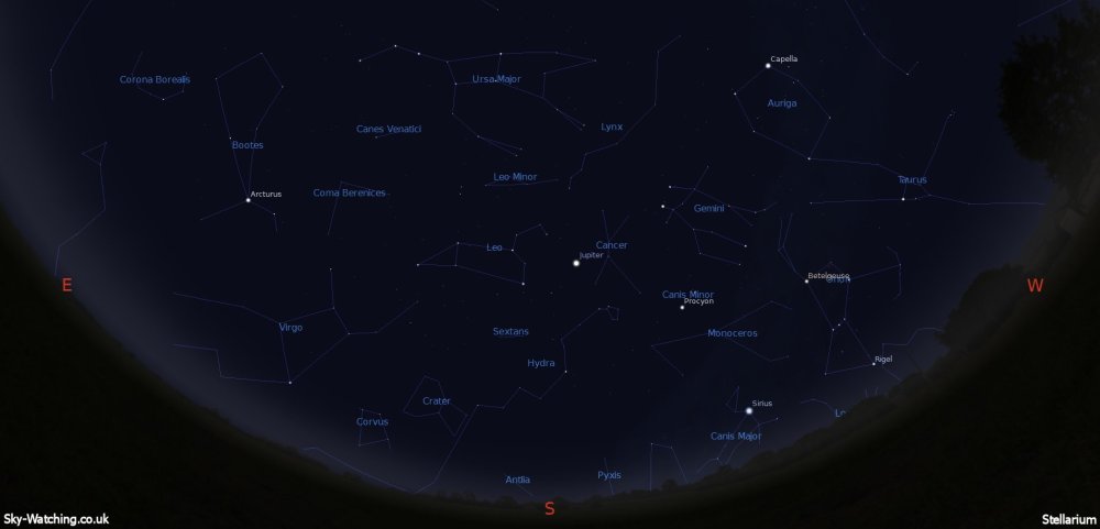 Shown at 00:00 UTC on 15th February, both these images are a handy guide for the whole month. This is the view you’ll get looking South (click to enlarge) – Credit: Sky-Watching/Stellarium