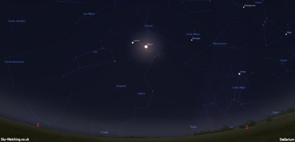 For most of February Jupiter will dominate the night sky with it's brilliance, but even the gas giant can't compete with a full Moon! (click to enlarge) - Credit: Sky-Watching/Stellarium