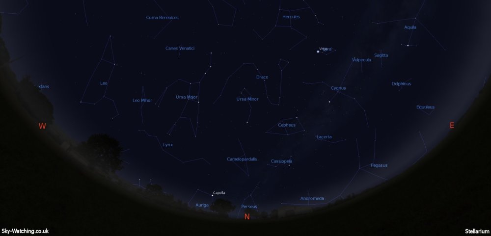 Displaying the night sky midway through the month, this image can help you identify the constellations you’ll see in the northern sky in May (click to enlarge) – Credit: Sky-Watching/Stellarium