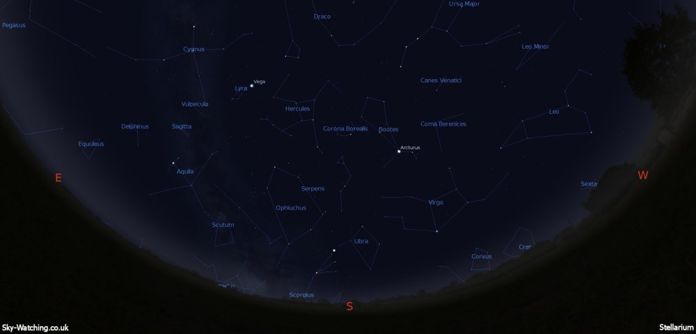 Shown at 00:00 UTC (01:00 BST) on 16th May, both these images are a handy guide for the whole month. This is the view you’ll get looking South (click to enlarge) – Credit: Sky-Watching/Stellarium